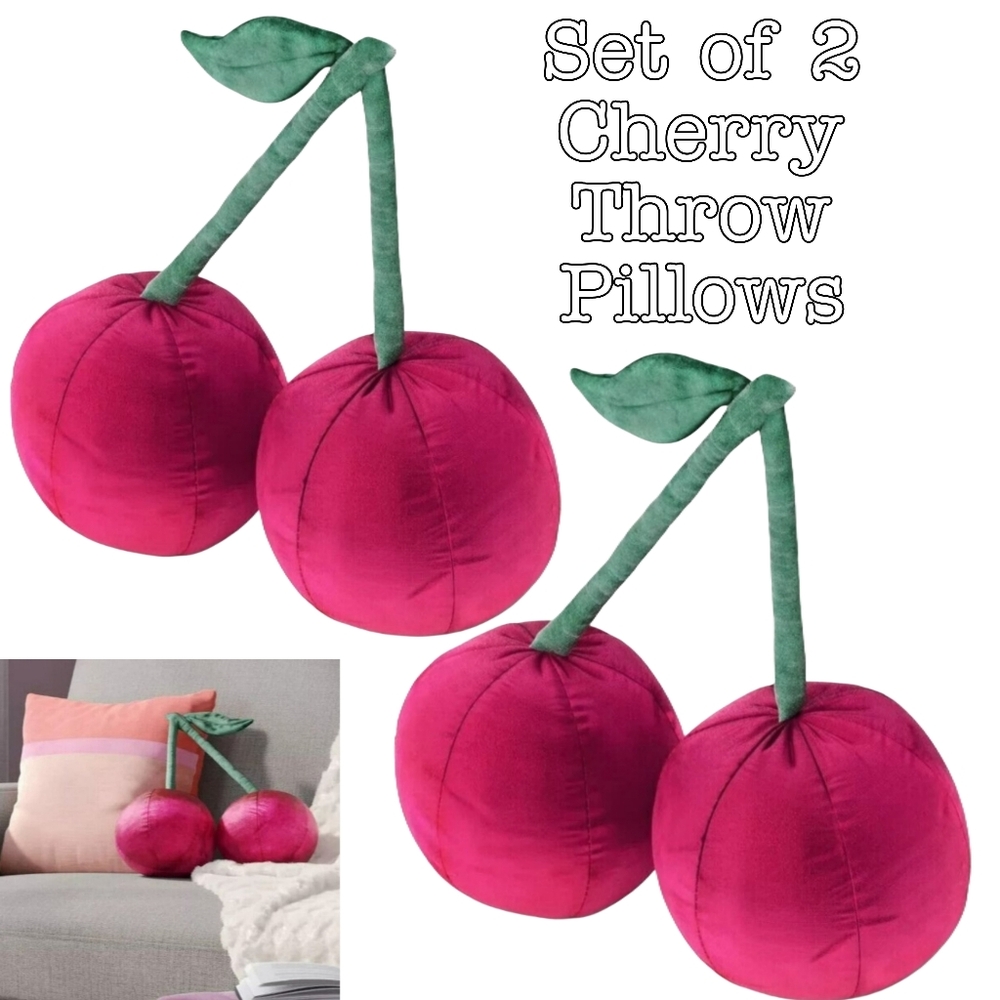 Set of 2 NWT cherry throw pillows 13"×14" cute kawaii. Dorm room cute funky